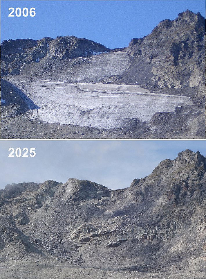 Two photos of a mountain massif, top from 2006 showing visible glacier ice, bottom from 2025 showing only rocks and debris without ice.