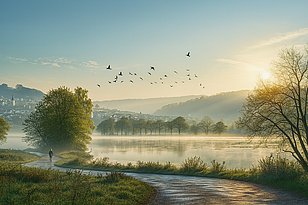 Ein ruhiger Morgen an einem See, umgeben von Bäumen und sanften Hügeln. Ein Spaziergänger geht entlang eines gewundenen Weges. Symbolbild für Tranquillity