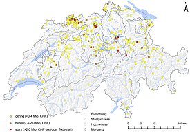 Ort und Ausmass der Schadensschwerpunkte 2016. Anhand der Symbole lässt sich zudem die Prozessart erkennen. Kartengrundlage: BFS GEOSTAT / Bundesamt für Landestopographie; für grosse Version bitte klicken). Grafik: WSL