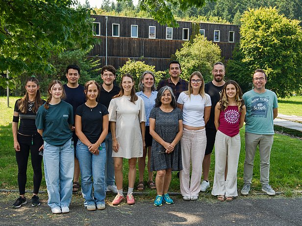 Gruppenmitglieder der Gruppe Phytopathologie im August 2025 vor einem grünen Hintergrund