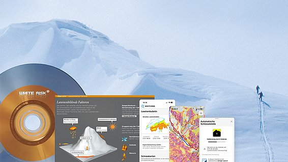Die Grafik zeigt eine Berglandschaft mit Schnee und zwei Skifahrern, die eine steile Schneehangspur hinaufsteigen. Dazu ist auf Screenshots zu sehen, wie sich die Präventionsplattform "White Risk" in den letzten 20 Jahren von der CD-ROM zur App entwickelte. 

