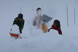 Drei Personen schaufeln Schnee, eine wirbelt Schnee in die Luft. Winterliche, neblige Umgebung.
