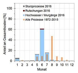 Monatliche Anteile der Schadenskosten für das Jahr 2016 (Gesamtkosten ca. 100 Mio. CHF). Die schmalen Säulen geben die monatlichen Anteile der Schäden (alle Prozesse) für die Periode 1972-2015 an (für grosse Version bitte klicken). Grafik: WSL 