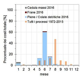 Percentuali mensili dei costi causati dai danni nel 2016 (costi totali circa 100 mln CHF). Le colonne sottili rappresentano le percentuali mensili dei danni (tutti gli eventi) per il periodo 1972-2015. Grafico: WSL 