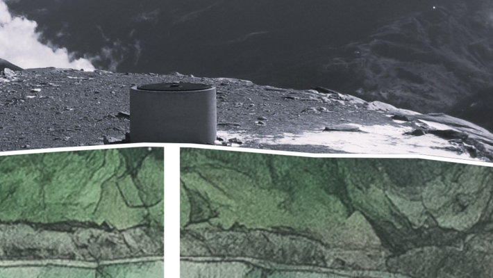 Black-and-white panoramic view of a mountain landscape with cloud-covered peaks in the background. In the foreground, a geological cross-section shows a borehole running vertically through various rock layers depicted in different shades of green.