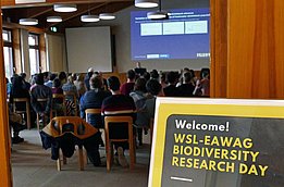 Ein Raum voller Teilnehmer bei einer Veranstaltung zum Thema Biodiversität. Im Vordergrund steht ein Willkommensschild, das auf den WSL-EAWAG Biodiversity Research Day hinweist. Die Präsentation im Hintergrund zeigt Informationen zu Forschungsprojekten.