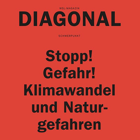 Rotes Magazincover mit schwarzer Schrift: Titel 'DIAGONAL', Schwerpunkt 'Stopp! Gefahr! Klimawandel und Naturgefahren', Ausgabenhinweis 'Nr. 1 25' und drei Themenvorschauen am unteren Rand.