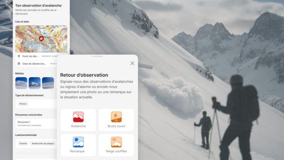 Deux personnes avec des bâtons de ski marchent sur un sentier de montagne enneigé. Une personne est floue au premier plan, tandis que l'autre est nette plus loin. En arrière-plan, on aperçoit des montagnes enneigées et un ciel nuageux. Sur le côté gauche, des éléments d'interface utilisateur semi-transparents sont superposés, affichant des cartes, des champs de texte et des icônes liés à l'observation des avalanches et à la déclaration d'avalanches, de bruits sourds, de commentaires et de neige soufflée.