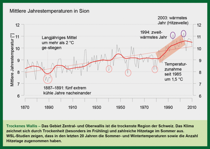 Grafik mit mittleren Jahrestemperaturen in Sion von 1870 bis 2010. Das langjährige Mittel ist um mehr als 2 °C gestiegen.