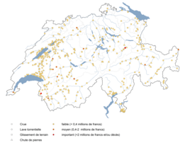 Carte de la Suisse indiquant les événements de dommages 2023 avec des symboles pour inondation, coulée de débris, glissement de terrain et chute de pierres, codés par gravité des dommages.