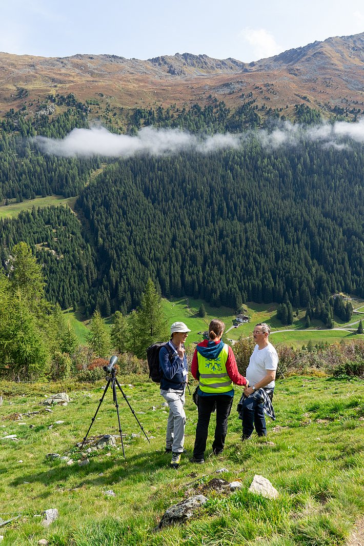 Drei Personen stehen auf einer Wiese in den Bergen. Eine Person trägt eine gelbe Weste, eine andere hat einen Rucksack. Im Hintergrund sind bewaldete Hänge und Wolken zu sehen.