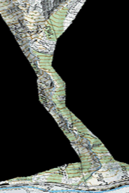 [Translate to Französisch:] Eine Simulation mit RAMMS::DEBRISFLOW zeigt auf einer Landkarte die möglichen Fliess- und Ausbruchswege für ein grösseres Volumen. 