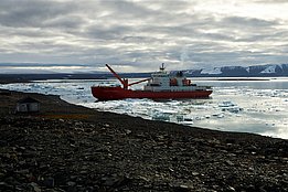 Die Akademik Tryoshnikov liegt vor Anker bei Kap Baranov, Bolschewik-Insel und bringt Vorräte zur russischen Forschungsstation. Foto: Fabian Fopp.