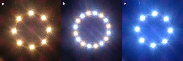 Tre foto di anelli luminosi con diverse temperature di colore: bianco caldo, bianco neutro e bianco freddo.