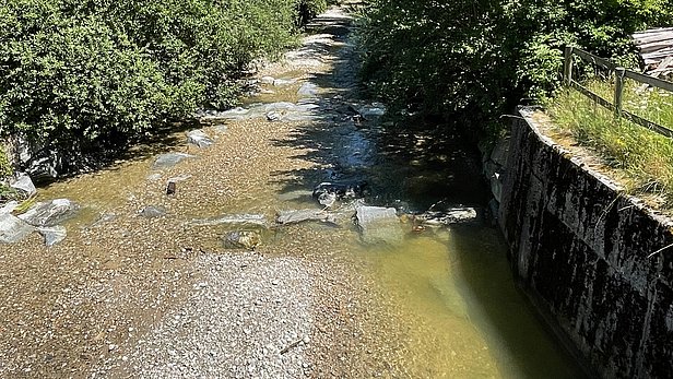 Flacher Flusslauf mit niedrigem Wasserstand, umgeben von Bäumen und einer Steinmauer rechts