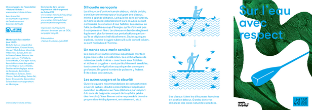Capture d'écran de la campagne «Sur l'eau avec respect» illustrant les quatre règles de conduite pour protéger les oiseaux sur les plans d'eau: rester à distance des roselières et, des îlots de gravier et des bancs de sable, ne pas s’approcher des rassemblements d'oiseaux, et respecter les aires protégées.