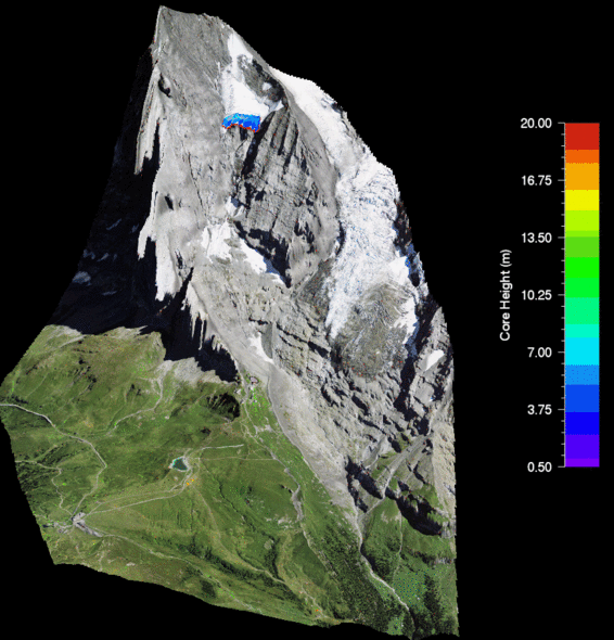RAMMS-Simulation eines Eisabbruchs (Fliessanteil vom Extremszenario) in der Eiger-Westwand. Bild: SLF