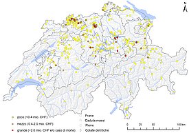 Località ed entità dei principali danni nel 2016. Sulla base dei simboli è inoltre possibile rilevare il tipo di fenomeno. Cartina: UST GEOSTAT / Ufficio federale di topografia.