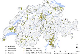 Ort und Ausmass der Schadensschwerpunkte 2020. Anhand der Symbole lässt sich zudem die Prozessart erkennen. 