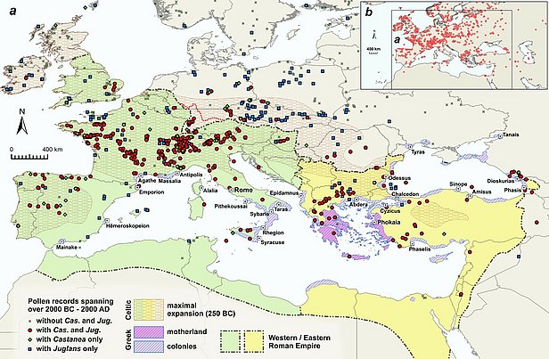 Verbreitungskarte der Kastanien- und Baumnusspollen