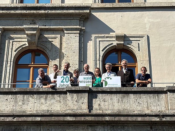 Gruppe von neun Personen auf einem Balkon vor einem historischen Gebäude mit großen Fenstern, einige halten Schilder mit Texten '20 Jahre' und 'wald wissen net'.