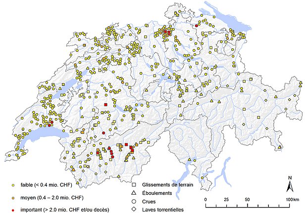 Localisation et ampleur des dommages principaux en 2018. Les symboles permettent d’identifier le type de processus. 