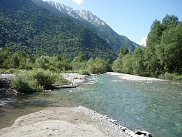 Ein ruhiger Fluss fließt durch eine grüne Landschaft, umgeben von Bergen und Wäldern. Das Wasser ist klar, und Uferbereiche sind mit Kieseln und Büschen gesäumt.