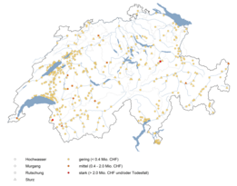 Schadensereignisse 2023 in der Schweiz auf einer Karte mit Symbolen für Hochwasser, Murgang, Rutschung und Sturz, farblich nach Schadenshöhe kategorisiert.