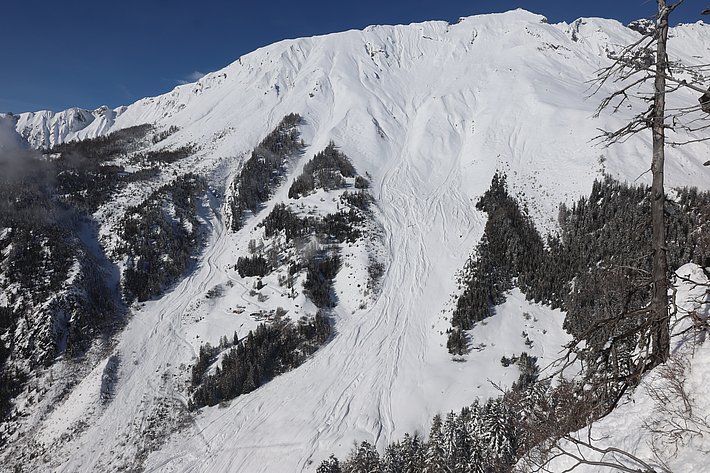 Der Blick auf eine schneebedeckte Berglandschaft mit steilen Hängen und dichter Waldvegetation. Der Himmel ist klar und blau, und die Sonne beleuchtet die Schneeflächen, die sanft die Konturen der Berge hervorheben.