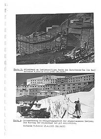Above: Deflection wall at the avalanche end of the barrack village under construction in 1954. Below: Snow clearance in the avalanche deposit area in 1955 with several people and buildings in the background.