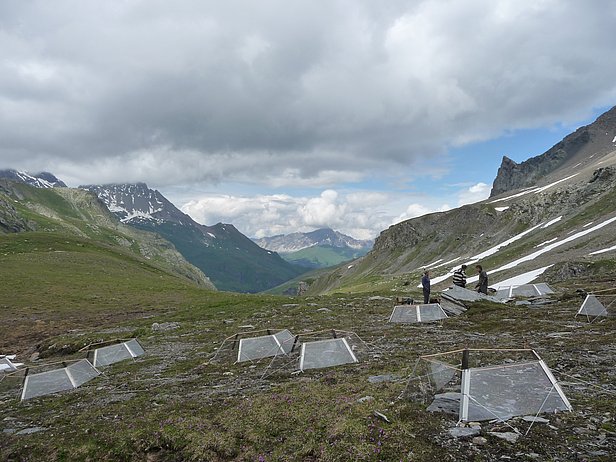 Berglandschaft mit mehreren transparenten Kunststoffkonstruktionen auf dem Boden. Drei Personen stehen in der Mitte der rechten Bildhälfte, umgeben von Bergen und Wolken.