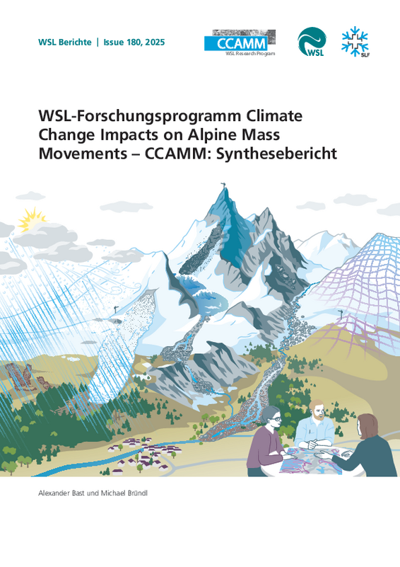 Trois personnes sont assises à une table au premier plan, examinant des cartes ou des plans. En arrière-plan, une grande montagne enneigée aux parois rocheuses abruptes domine la scène. Autour de la montagne, on voit des prairies vertes, des forêts et une rivière. Sur la droite, un maillage transparent en forme de grille recouvre une colline, suggérant un modèle ou une simulation. En haut de la page figure le titre « WSL-Forschungsprogramm Climate Change Impacts on Alpine Mass Movements – CCAMM: Synthesebericht ».