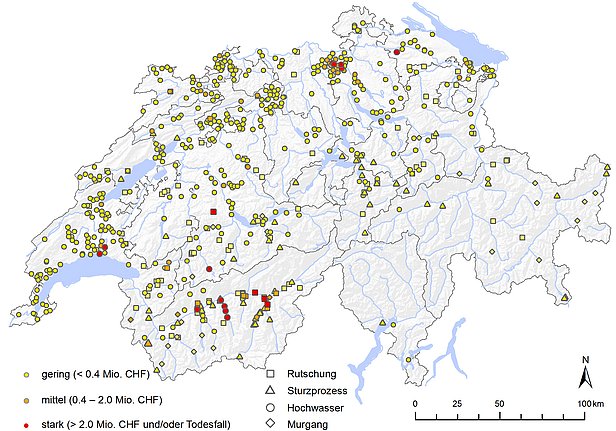 Ort und Ausmass der Schadensschwerpunkte 2018. 
