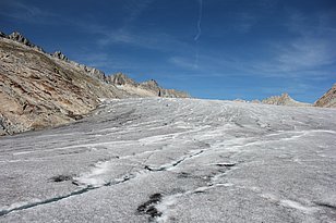 Unexplored bacteria and viruses have been trapped in the ice of the Rhone Glacier for hundreds or even thousands of years, waiting to be discovered. Photo credit: Beat Stierli (WSL)