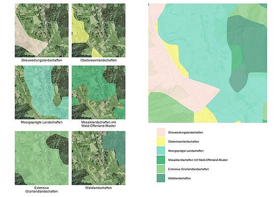 The six small aerial photographs on the left have been stitched together on the right to form a larger map, on which different types of landscape are marked in different colours.