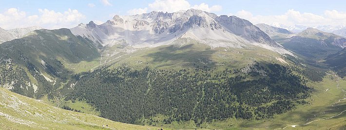 Panoramablick auf bewaldete Berge und schroffe Gipfel unter bewölktem Himmel.