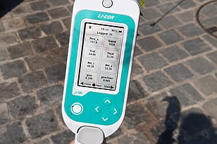 Das LiCor-Gerät zeigt die Verdunstung (299 mmol H2O m-2 s-1, gsw) und die Blatttemperatur (25°C) an.