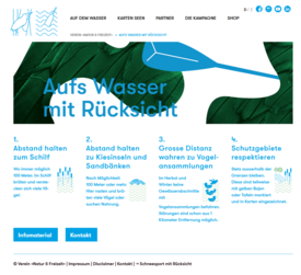 Screenshot der Kampagne 'Aufs Wasser mit Rücksicht' mit vier Verhaltensregeln zum Schutz von Vögeln auf Gewässern: Abstand zum Schilf, Kiesinseln und Sandbänken halten, große Distanz zu Vogelsammlungen wahren, Schutzgebiete respektieren.