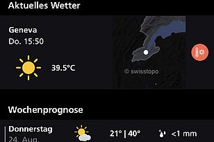 Wetteranzeige für Genf am Donnerstag, 24. August 2023, 15:50 Uhr mit 39,5 °C und sonnigem Wetter. Wochenprognose zeigt Höchsttemperaturen von 40 °C am Donnerstag, 31 °C am Freitag und 24 °C am Samstag mit geringem Niederschlag.
