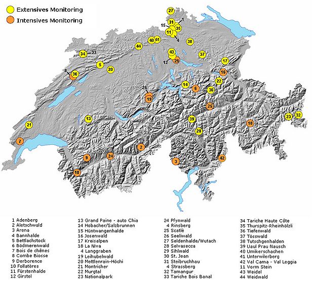 Räumliche Verteilung der im Monitoring berücksichtigten Reservate in der Schweiz. Stand: 31.12.2016. 