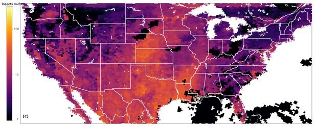 Carte des États-Unis montrant la densité des insectes par région. Les zones colorées, allant du violet au rouge, indiquent des variations d’abondance d’insectes, avec des valeurs plus élevées dans le sud et le centre du pays. Une légende en couleur précise le nombre d'insectes par mètre carré.