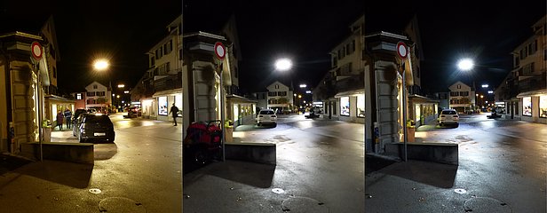 Tre foto affiancate di un angolo di strada di notte con illuminazione variabile da calda (a sinistra) a bianco freddo (a destra).