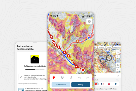 Kartenansicht der White-Risk-App mit farbcodierter Gefährdung durch Gelände und markiertem Routenverlauf in den Alpen bei Sentisch