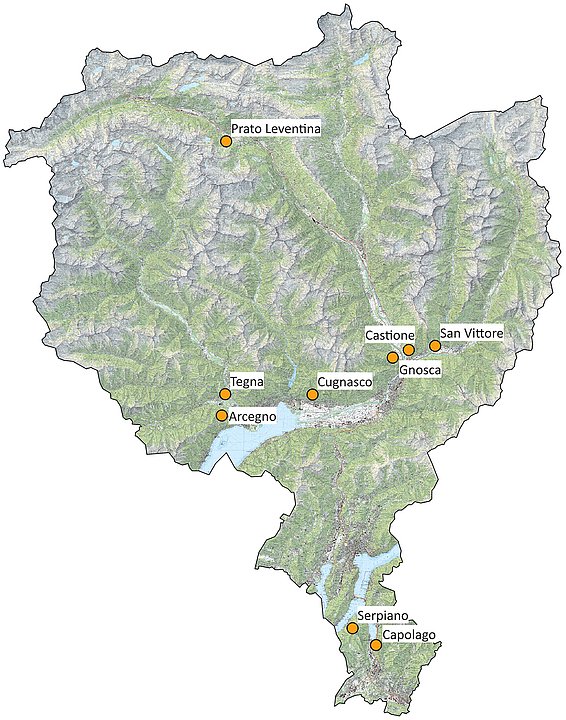 Landkarte von Tessin und Graubünden markierten Beobachtungsstandorten