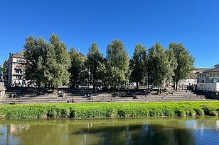 Ruhiges Flussufer mit einer grünen Uferpromenade. Dicht bewachsene Bäume bieten Schatten auf den Sitzstufen. Im Hintergrund sind Gebäude und Menschen zu sehen, die die Umgebung geniessen. Der Himmel ist strahlend blau.