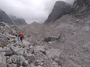 Hart im Nehmen auf dem Bhagirath Kharak Gletscher. (Foto: Marin Kneib)