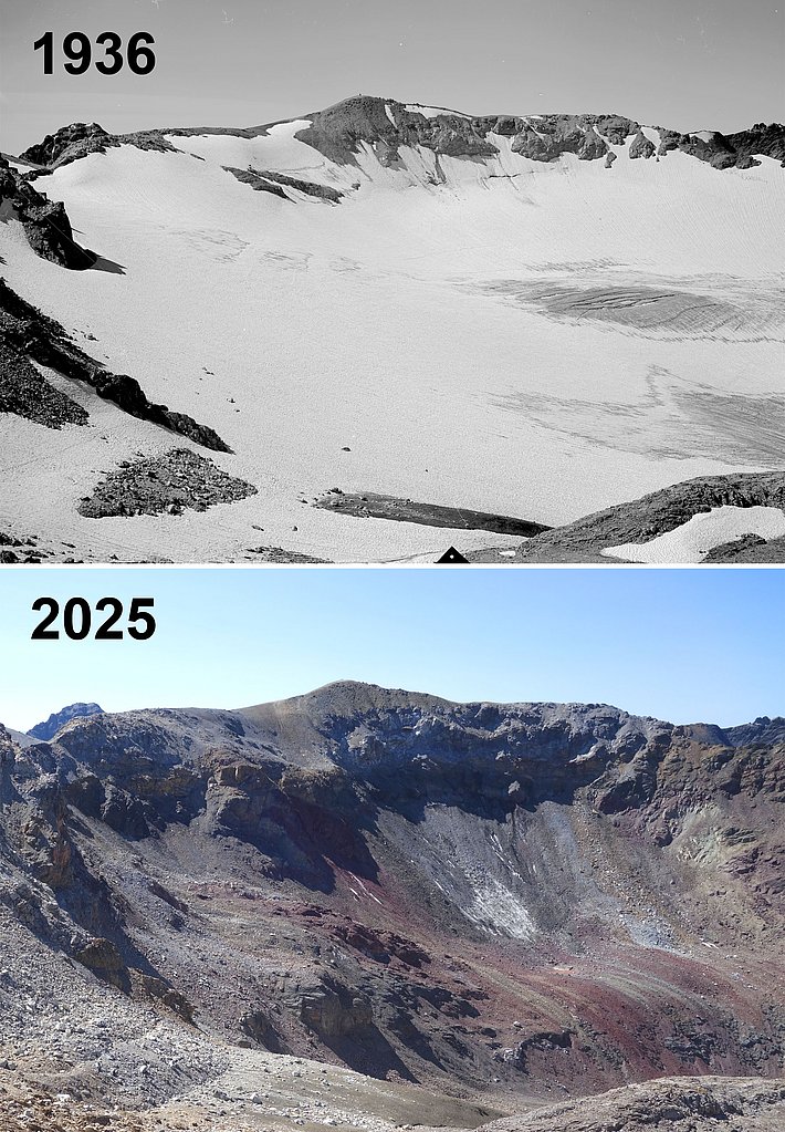 Split image: Top shows snow-covered mountain landscape with glacier in 1936, bottom shows same mountain in 2025 without snow or glacier, rocky and barren.
