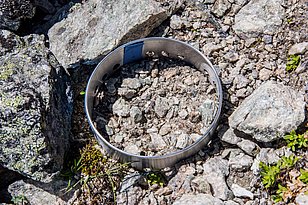 Boden aus höheren Standorten (3'100 m.ü.M.) wird in Stahltöpfen in tiefere (2'450 m.ü.M.) Lagen verpflanzt. Photo: Beat Stierli (WSL)