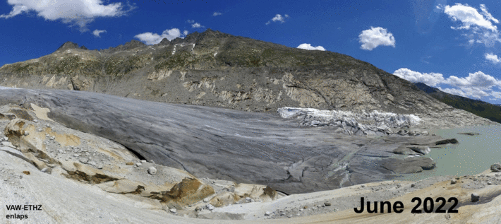 Annual glacier image from 2022 to 2025. Glacier tongue retreats further and further over the years.