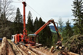 Die Forsttechnische Prüfung des KWF beurteilt moderne Forsttechnik nach verschiedenen Kriterien, wie Erfüllung technischer Anforderungen, Einhalten der Sicherheitsbestimmungen sowie Gewährleistung eines wirtschaftlichen und umweltschonenden Einsatzes. Im Bild zu sehen ist ein sogenanntes Kombiseilgerät zur effizienten Holzernte in Hanglagen.